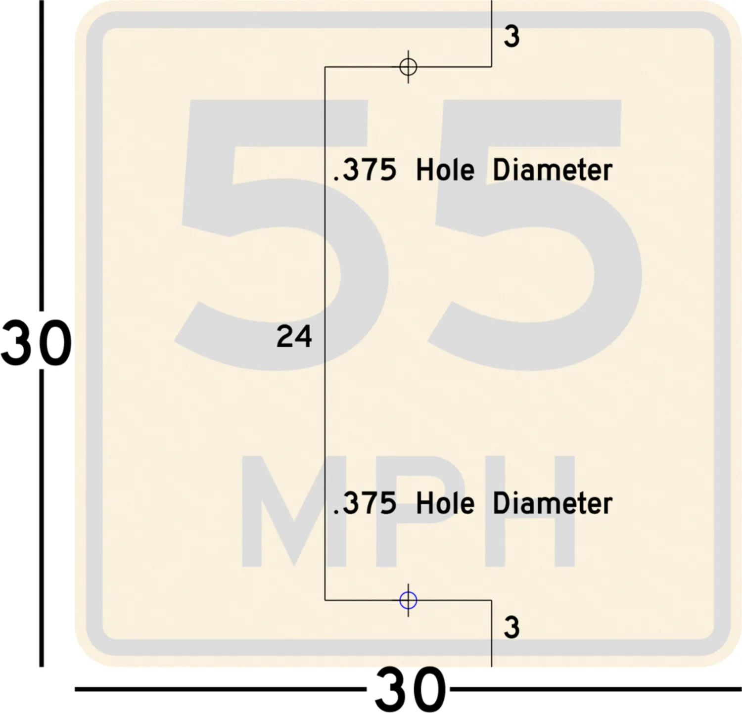 Predrilled mounting-hole spacing on the 30x30 MUTCD W13-1P sign for quick installation