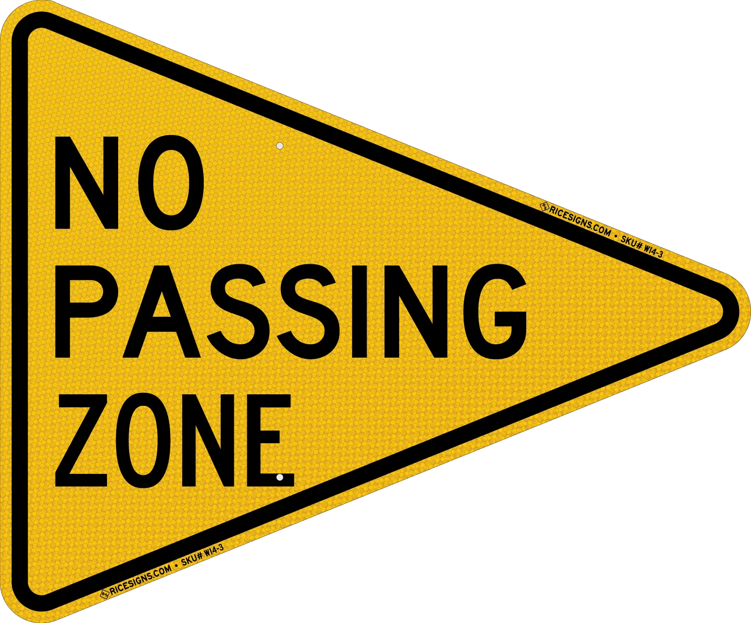 No Passing Zone pennant sign (W14-3), yellow triangle with black legend