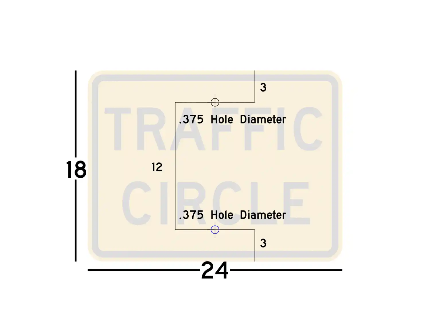 W16-12P 24x18 sign showing predrilled mounting hole locations and spacing