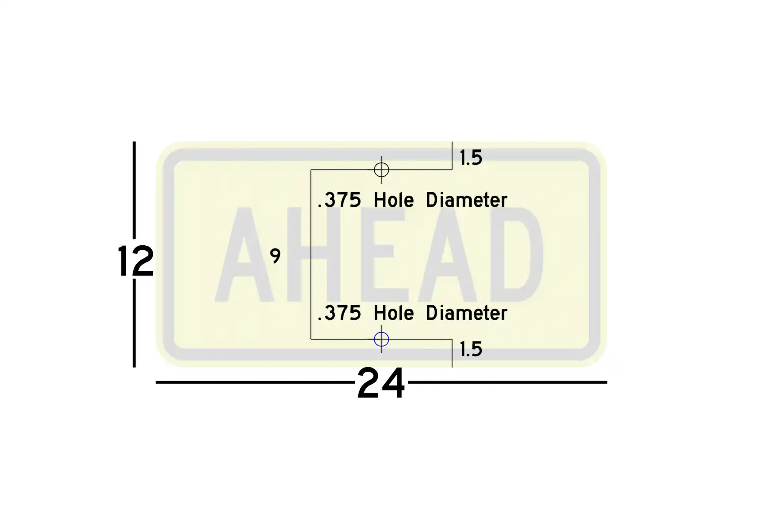 W16-9P 24x12 sign showing predrilled mounting hole locations and spacing