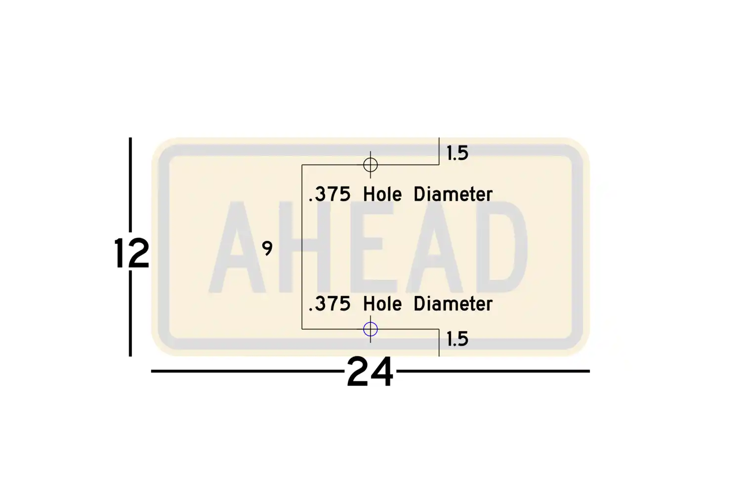 W16-9P 24x12 sign showing predrilled mounting hole locations and spacing