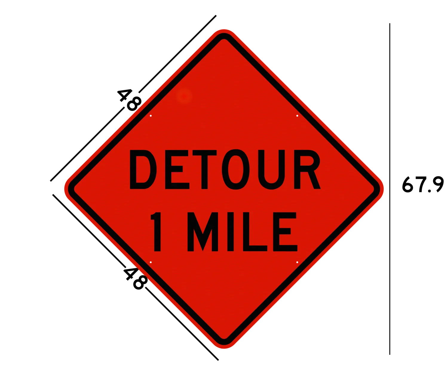 A 48 inch wide W20-2 Detour 1 Mile sign with width and height dimensions