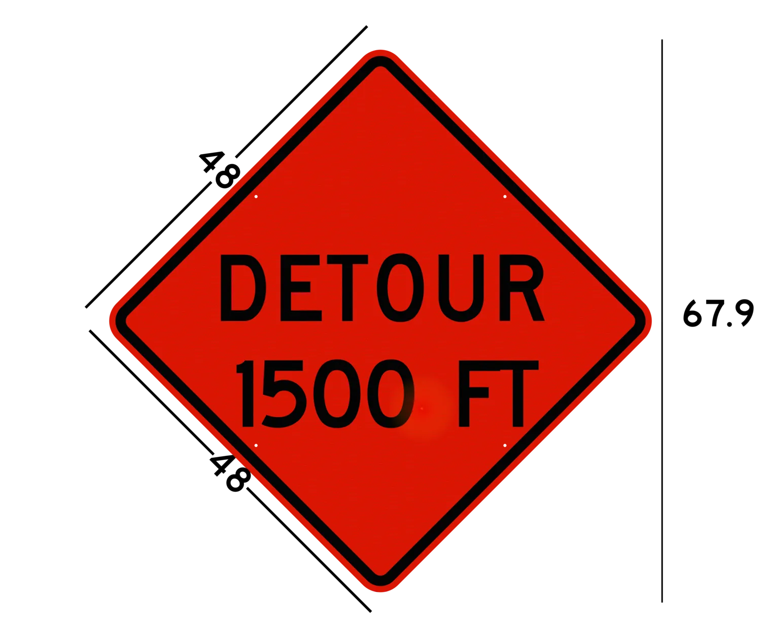 A 48 inch wide W20-2 Detour 1500 Feet sign with width and height dimensions