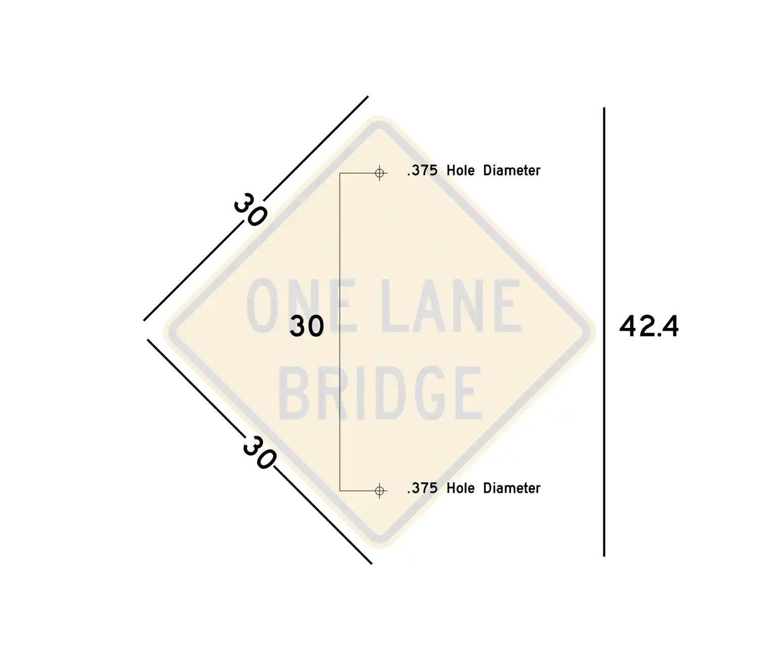 W5-3 30x30 sign showing predrilled mounting hole locations and spacing