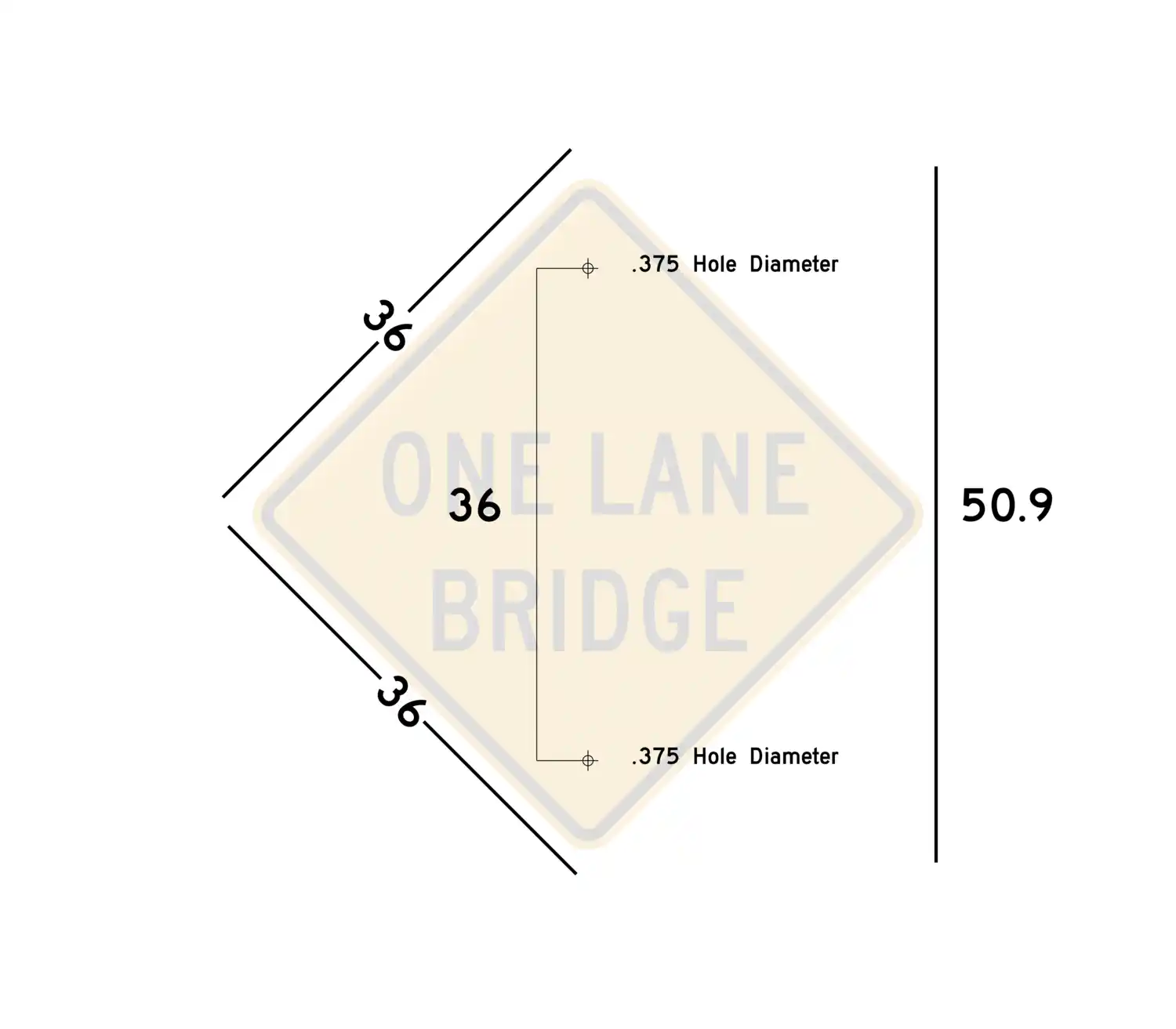 W5-3 36x36 sign showing predrilled mounting hole locations and spacing