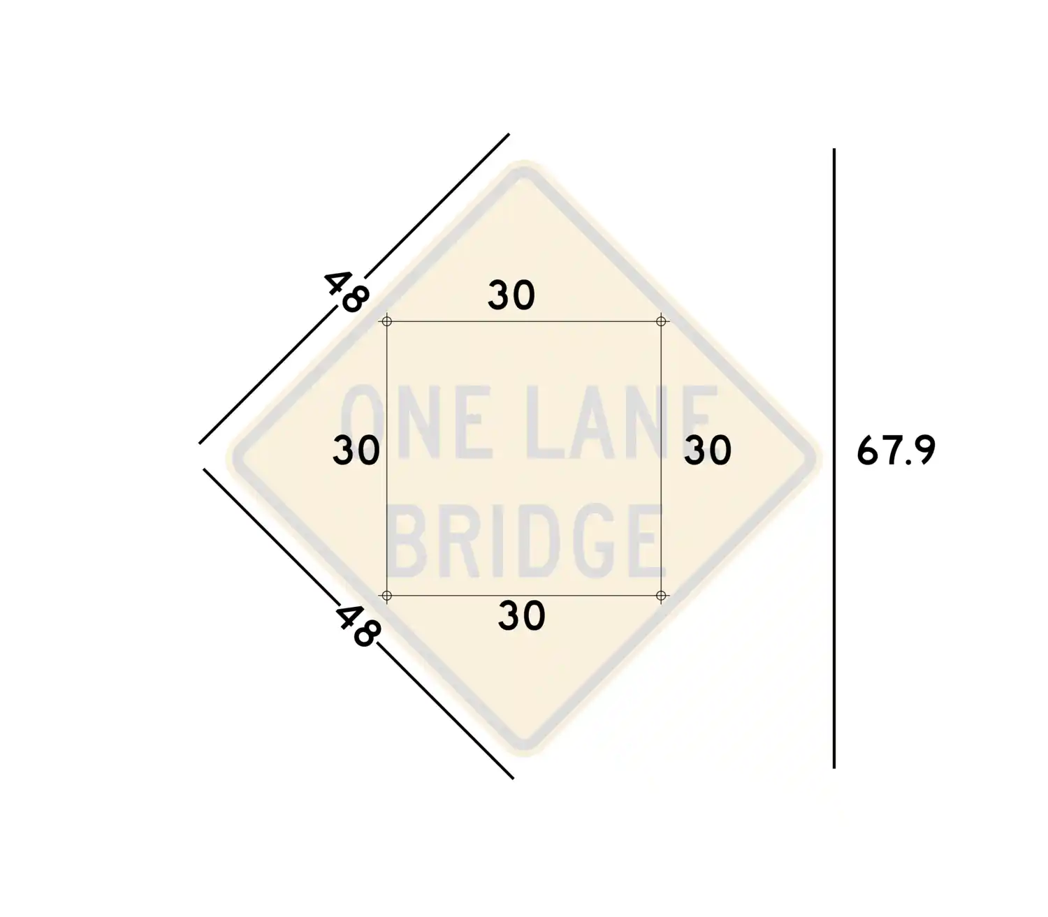W5-3 48x48 sign showing predrilled mounting hole locations and spacing