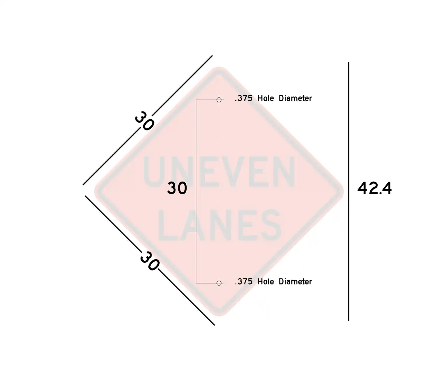 W8-11C 30x30 sign showing predrilled mounting hole locations and spacing