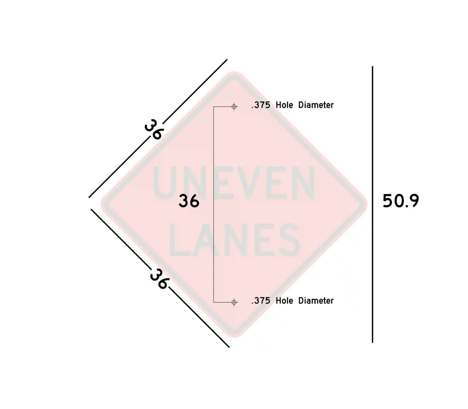 W8-11C 36x36 sign showing predrilled mounting hole locations and spacing