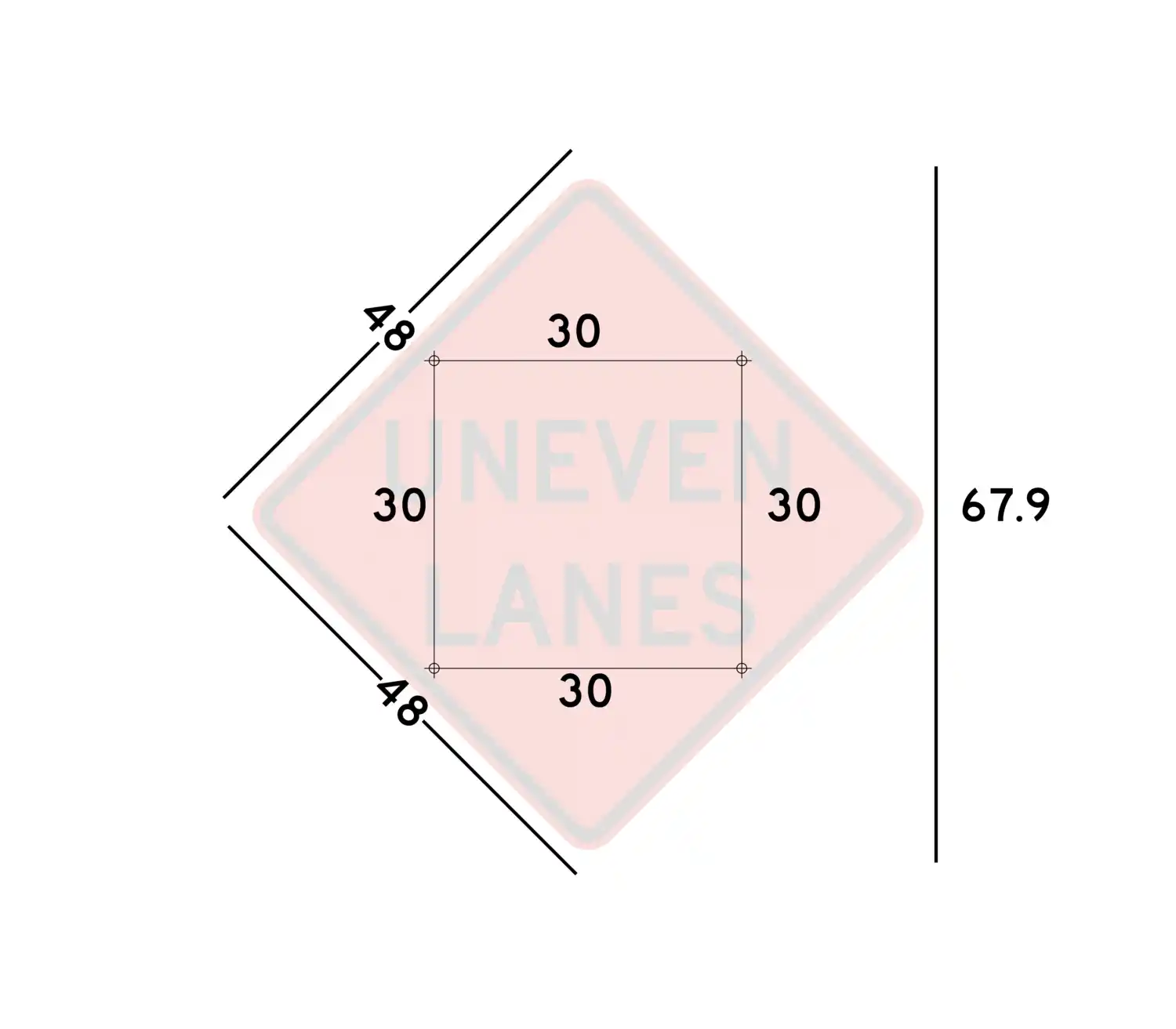 W8-11C 48x48 sign showing predrilled mounting hole locations and spacing