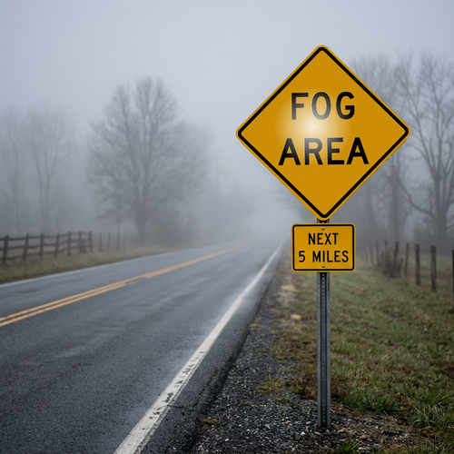 W8-22 sign, on a foggy road