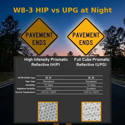 Reflective sheeting comparison for the W8-3 PAVEMENT ENDS sign, comparing High Intensity Prismatic (HIP) and UPG Fluorescent grades by ASTM type, durability, and service temperature, shown in night conditions.