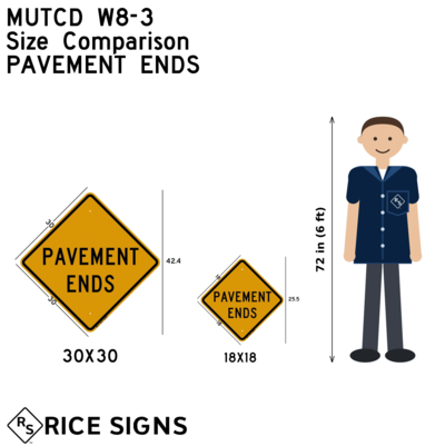 Size comparison of W8-3 Pavement Ends signs, available in 18x18, 30x30, 36x36, and 48x48 inch sizes, next to a 6-foot-tall man