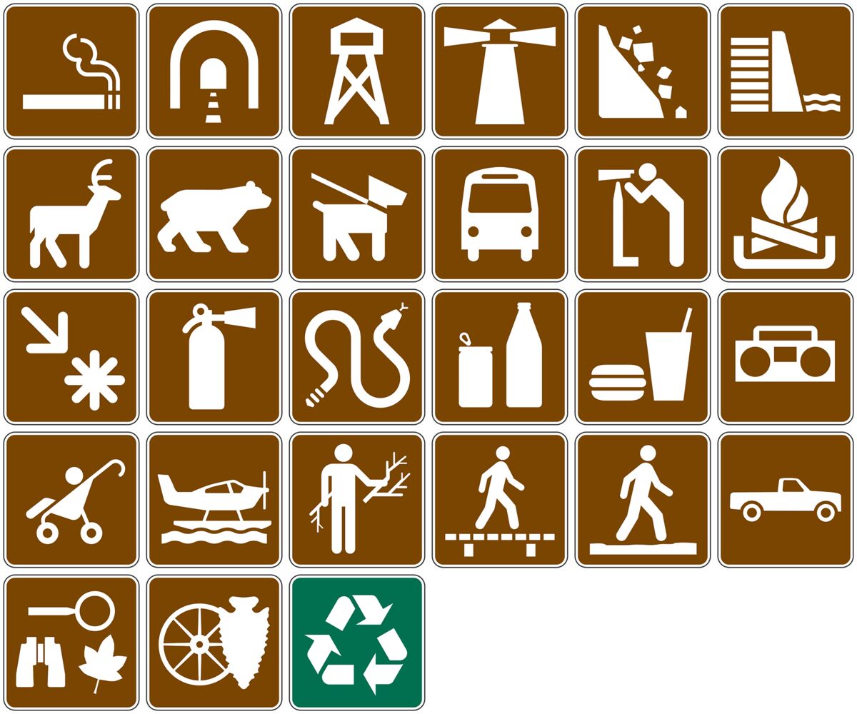 Many different information signs are shown