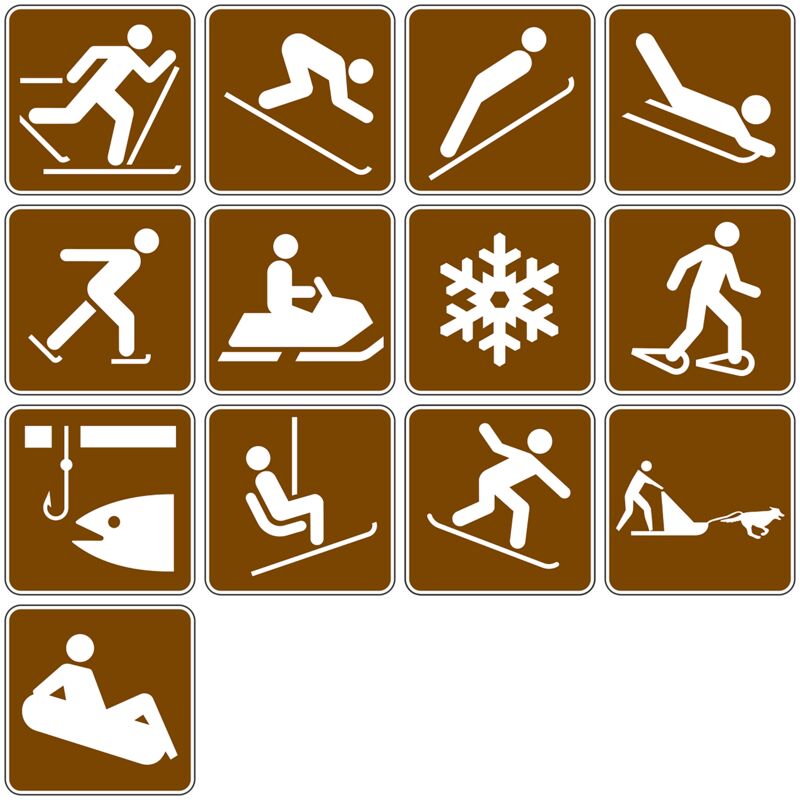 Many different winter signs are shown