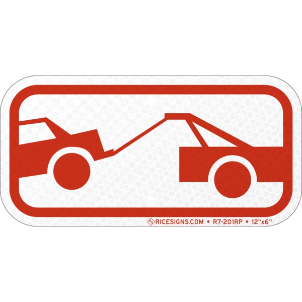 R7-201RP with red bold letters reading TOW AWAY SYMBOL RED on a white horizontal rectangle