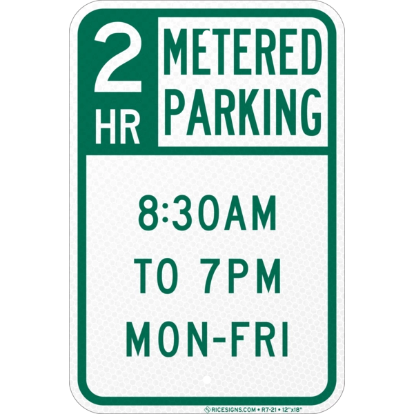 R7-21 with green/black bold letters reading HOUR PAY WITH TIME RANGE on a white vertical rectangle