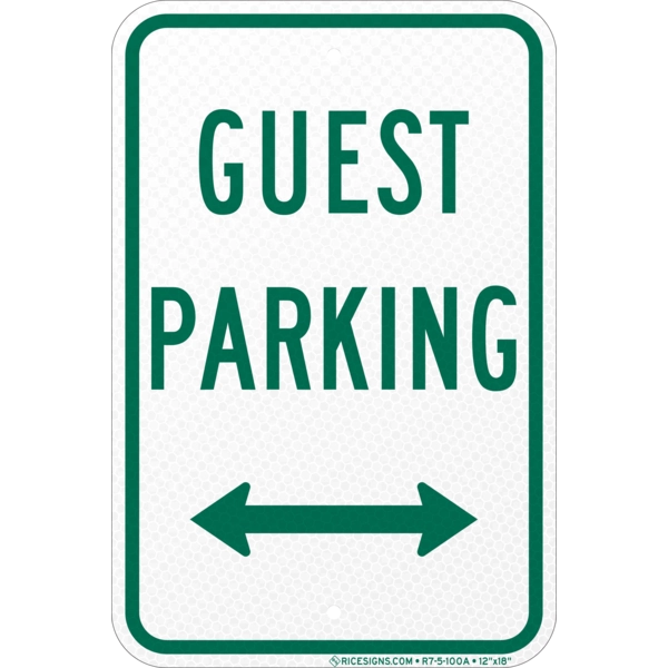 R7-5-100A with green bold letters reading GUEST PARKING WITH ARROW on a white vertical rectangle