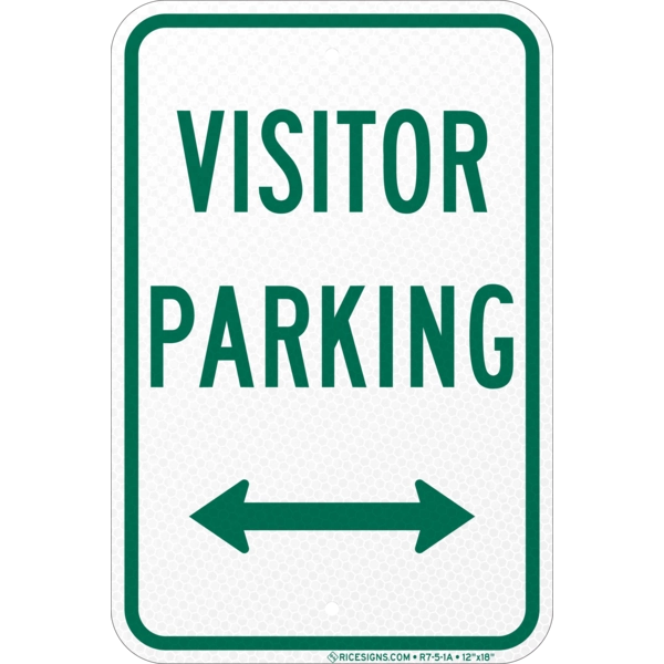 R7-5-1A with green bold letters reading VISITOR PARKING WITH ARROW on a white vertical rectangle