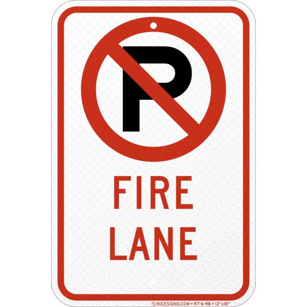 R7-6-9B with red/black bold letters reading NO PARKING FIRE LANE SYMBOL on a white vertical rectangle