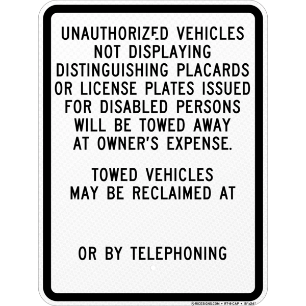 R7-8-CAP with black bold letters reading UNAUTHORIZED VEHICLES NOT DISPLAYING DISTINGUISHING PLACARDS on a white vertical rectangle