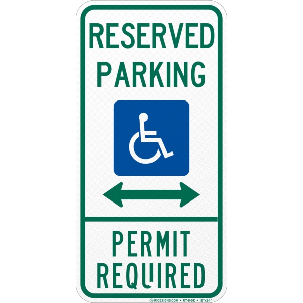 R7-8-DE with green/blue bold letters reading DELAWARE RESERVED PARKING PERMIT REQUIRED on a white vertical rectangle