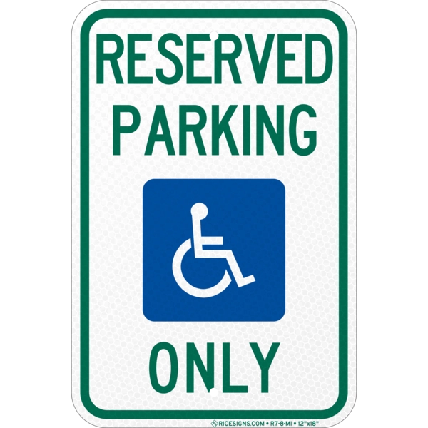 R7-8-MI with green/blue bold letters reading MICHIGAN RESERVED PARKING ONLY on a white vertical rectangle