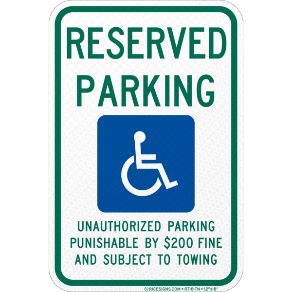 R7-8-TN with green/blue bold letters reading TENNESSEE RESERVED PARKING on a white vertical rectangle
