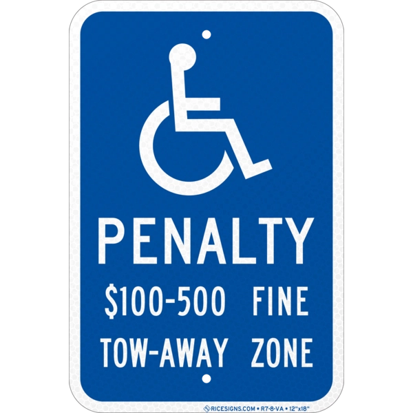 R7-8-VA with white bold letters reading VIRGINIA HANDICAPPED PENALTY on a blue vertical rectangle