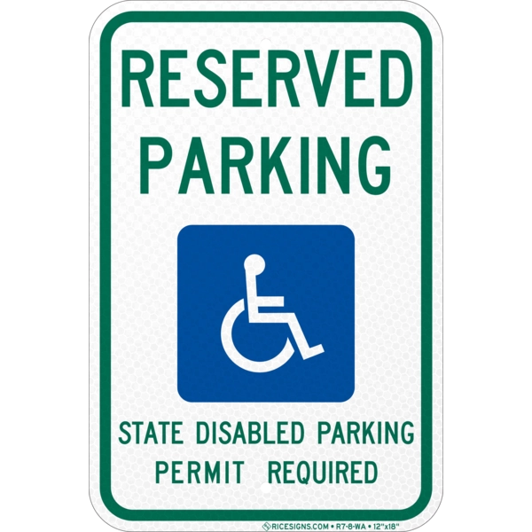 R7-8-WA with green/blue bold letters reading WASHINGTON RESERVED PARKING STATE DISABLED PARKING PERMIT REQUIRED on a white vertical rectangle