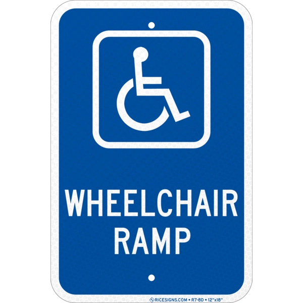 R7-8d with white bold letters reading HANDICAP WHEELCHAIR RAMP on a blue vertical rectangle