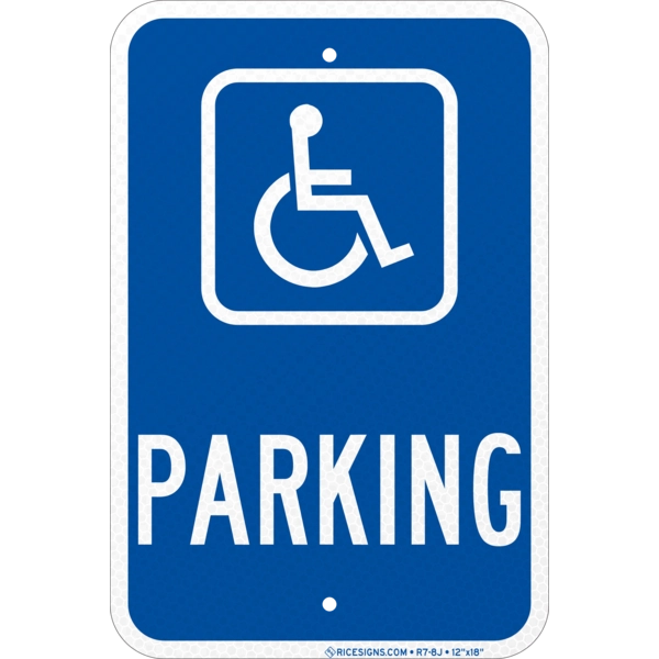 R7-8j with white bold letters reading HANDICAPPED PARKING on a blue vertical rectangle