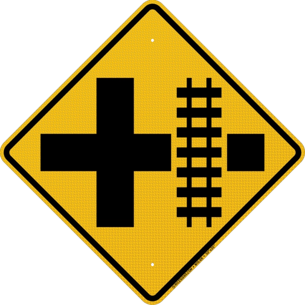 Cross Road With Railroad Tracks Right Sign