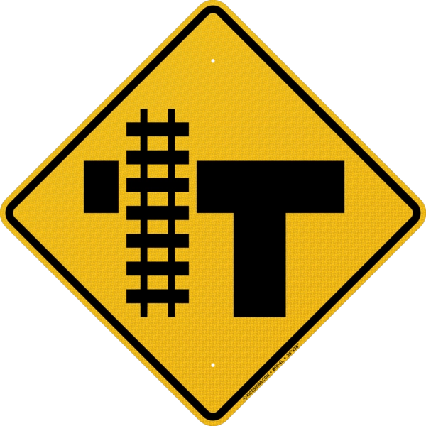T Intersection With Railroad Tracks Left Sign