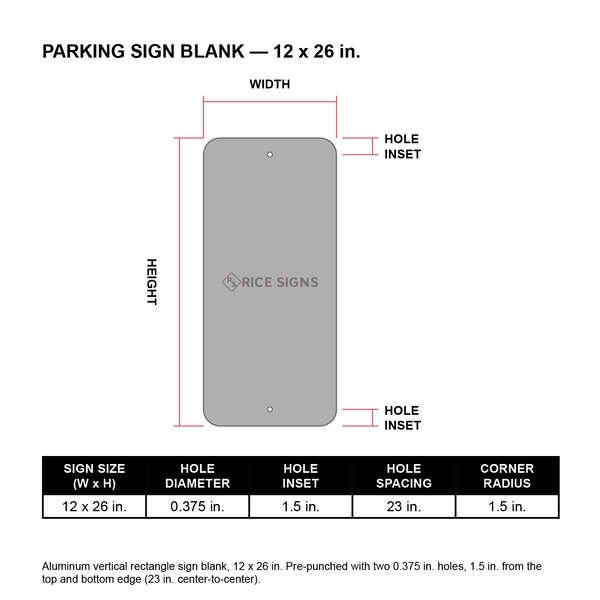 A diagram showing the hole punch pattern for the 12 x 26 version of a R7-8-NC Parking sign