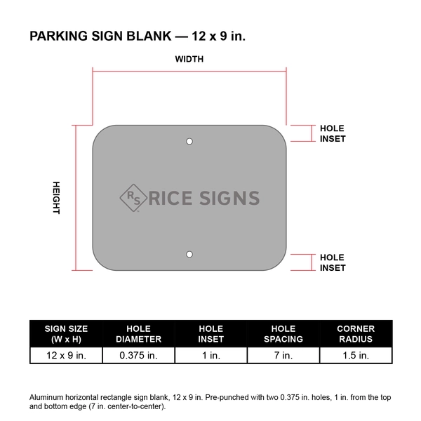 A diagram showing the hole punch pattern for the 12 x 9 version of a R8-3fP Parking sign