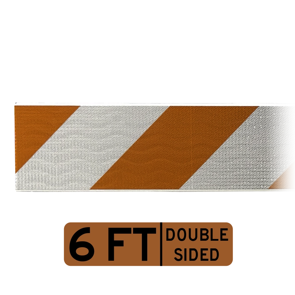 The A Frame barricade has a rectangular A-frame shape with two horizontal rails — a top rail displaying alternating orange and white diagonal stripes sloping downward at 45 degrees, and a plain white bottom rail. The frame is constructed of white-painted steel with a gray metal cross brace at center, and the top rail features High Intensity Prismatic retroreflective sheeting with no text or symbols. There is no border on the panels; the device has a small yellow compliance label affixed to the upper-right corner of the frame.