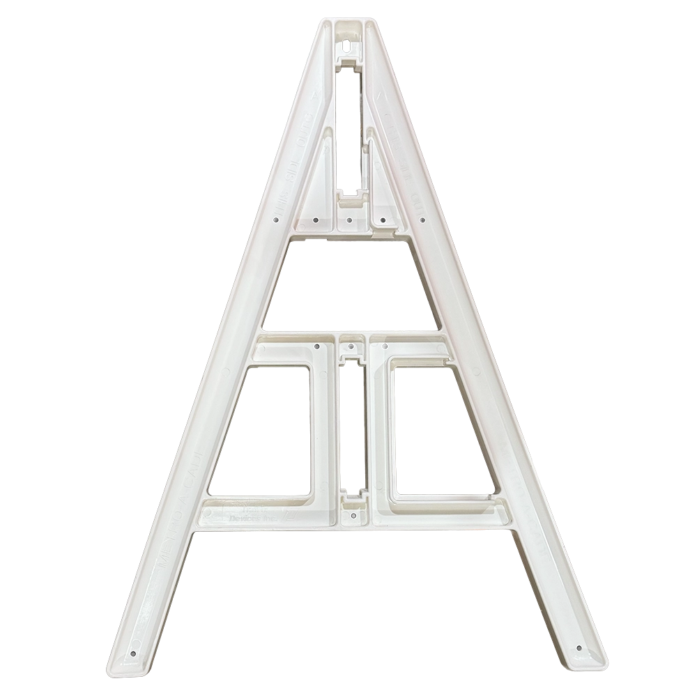 The A Frame barricade has a rectangular A-frame shape with two horizontal rails — a top rail displaying alternating orange and white diagonal stripes sloping downward at 45 degrees, and a plain white bottom rail. The frame is constructed of white-painted steel with a gray metal cross brace at center, and the top rail features High Intensity Prismatic retroreflective sheeting with no text or symbols. There is no border on the panels; the device has a small yellow compliance label affixed to the upper-right corner of the frame.