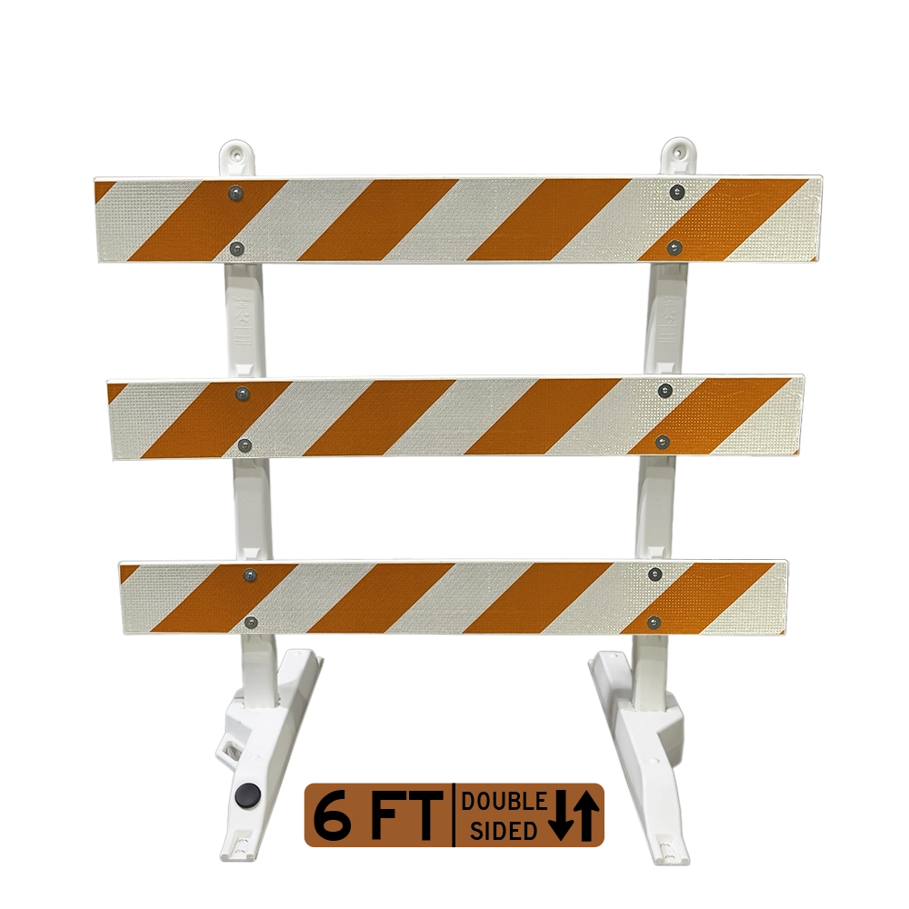 A product photograph of a fully assembled 6-foot double-sided Type III barricade equipped with high intensity prismatic sheeting. The device features three horizontally mounted reflective panels with alternating orange and white diagonal striping on two white plastic A-frame supports, designed for maximum visibility during temporary road closures and work zone traffic management.