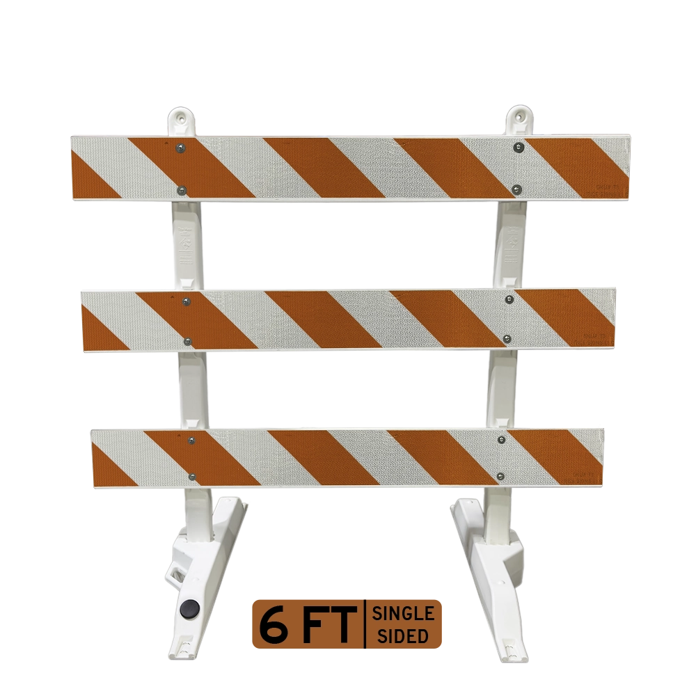 As prescribed in MUTCD 11th Edition Section 6K.07, the Type III barricade is defined as a portable or stationary channelizing device outfitted with three retroreflective striped rails intended to shut, regulate access to, or delineate segments of a roadway. Alternating orange and white stripes shall slope downward at 45 degrees in the direction traffic is meant to travel. Rails must extend at least 48 inches with stripe widths held at 6 inches. Their foremost role involves complete roadway closure applications.