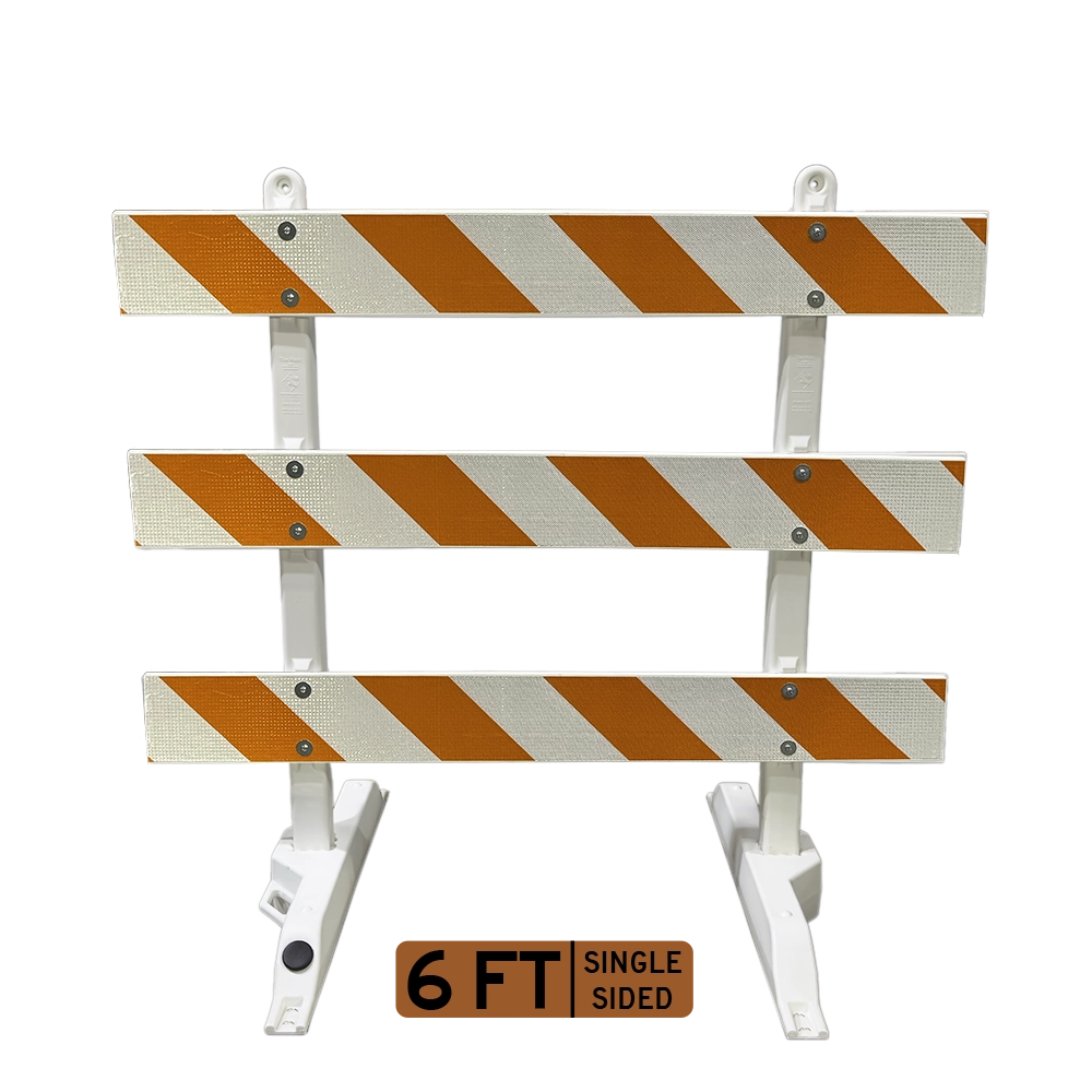 6-foot single-sided Type III barricade with left-angled high intensity prismatic (HIP) retroreflective striping across all three rails, configured to channel approaching traffic toward the left.