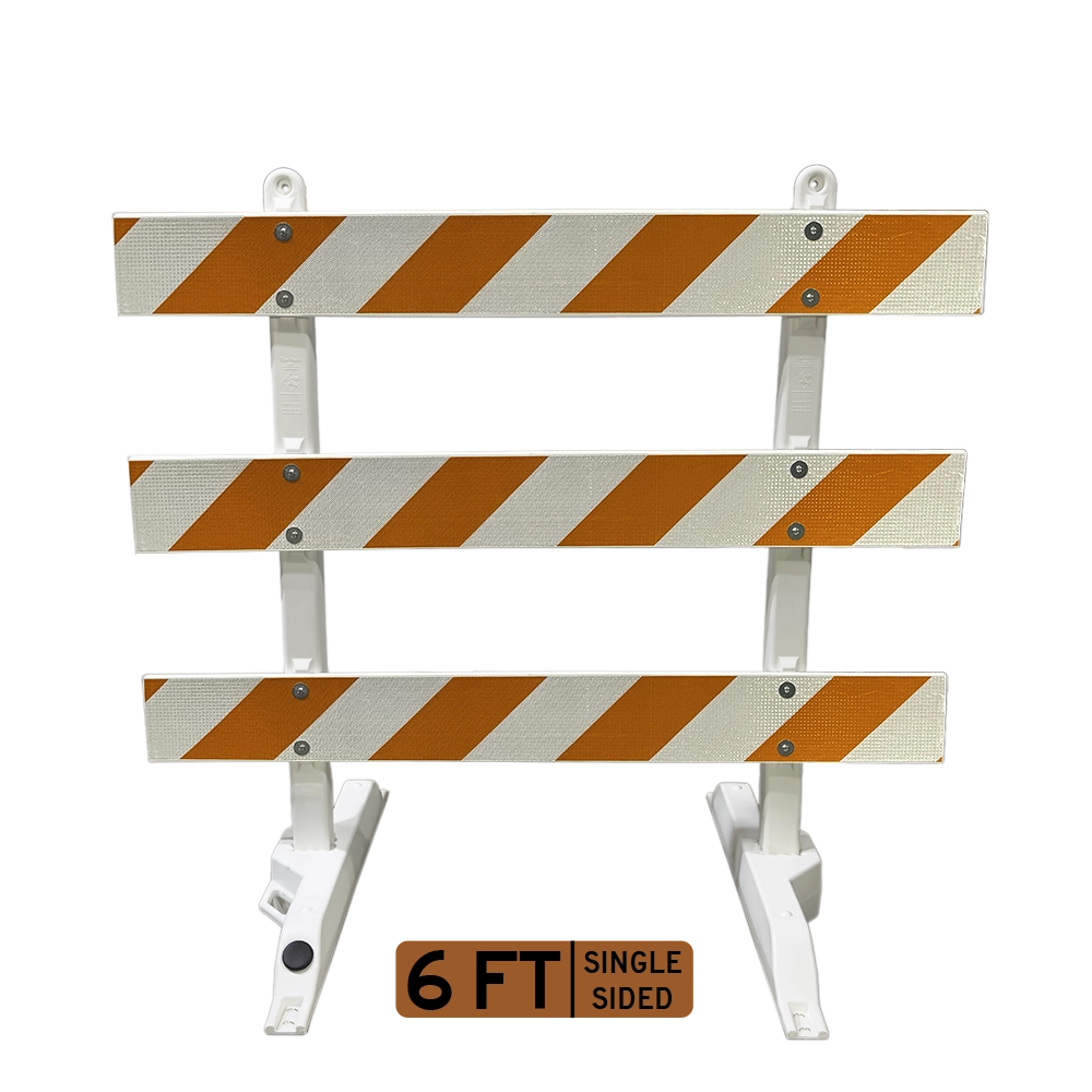 The Type III Barricade, regulated under MUTCD Section 6K.07, is a three-rail portable channelizing device with right-descending retroreflective striping deployed to obstruct roadways and steer traffic during temporary closures and work zone activities.