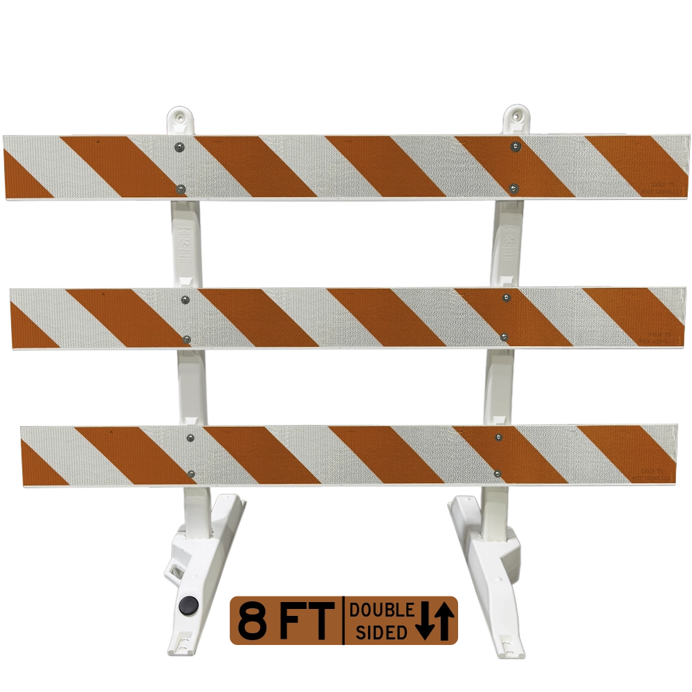 The Type III Barricade, documented in MUTCD Section 6K.07, is a wide-span portable three-rail channelizing device sheathed in full cube ultra prismatic reflective material on both panel faces to blockade roadways during closures, traffic diversions, and elevated-risk work zone setups.