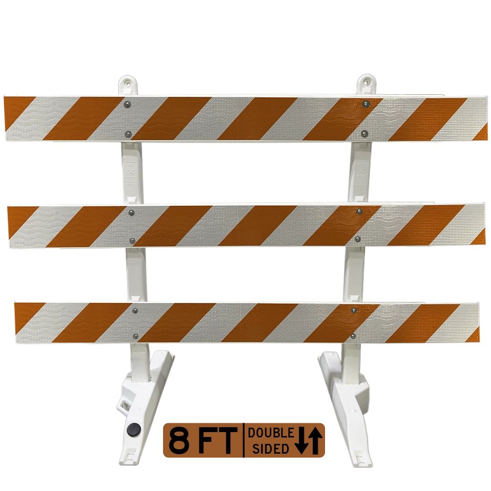 The barricade forms a wide rectangular silhouette through three horizontally arranged rails spanning between two white plastic foldable A-frame leg assemblies, bearing no printed text, graphic symbols, or visible borders on the panel surfaces themselves. Each of the three oversized rails carries striking 45-degree diagonal stripes alternating between orange and white, fabricated from high intensity prismatic retroreflective sheeting affixed to both the front and rear faces using exposed metal bolt hardware. At the bottom center of the photograph, a product identification tag presents the numeral 8 FT in orange text next to the label DOUBLE SIDED in black uppercase characters flanked by opposing vertical arrows.