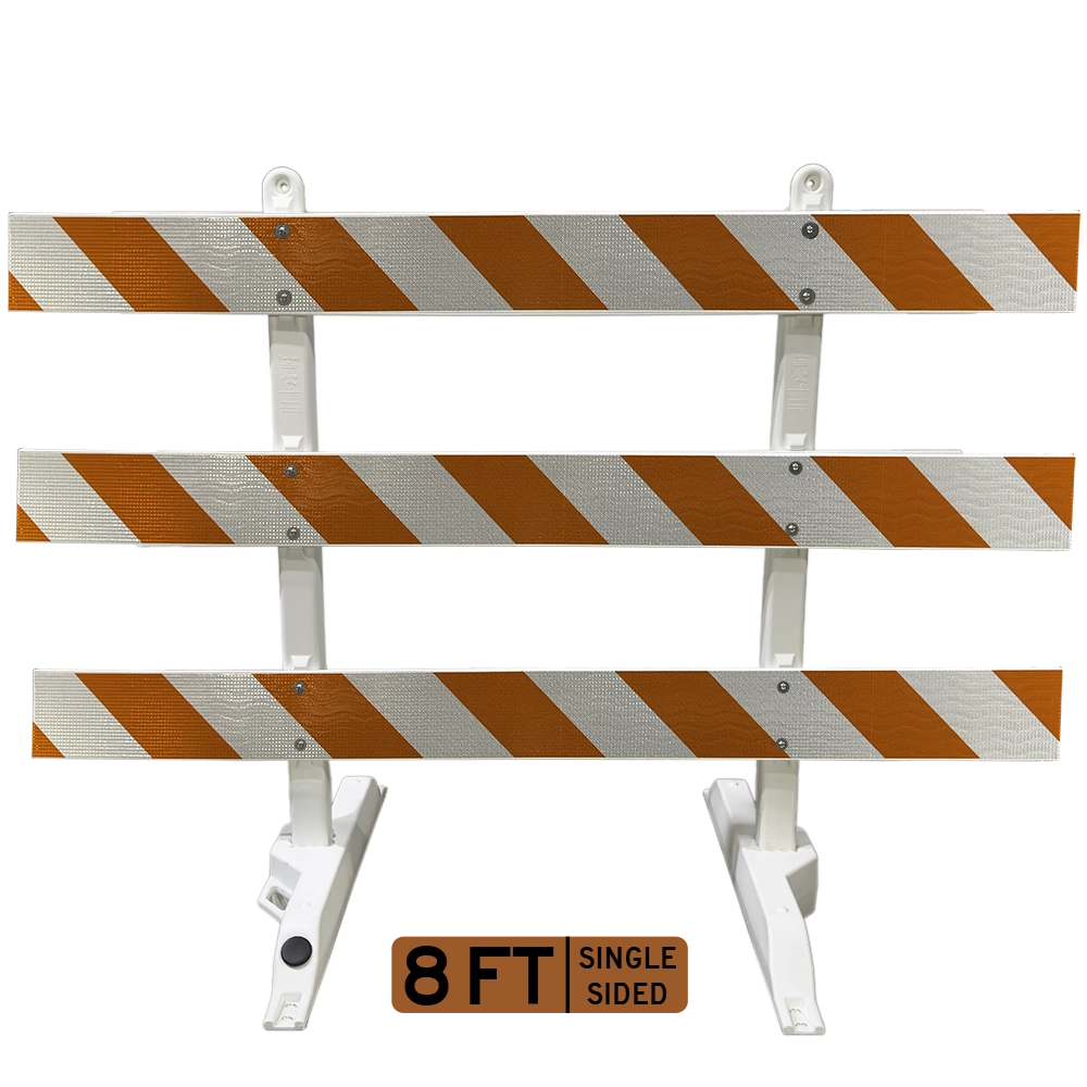 The barricade exhibits an expansive rectangular profile formed by three long horizontal rails mounted in parallel between two white plastic collapsible A-frame support legs, with no text, graphic symbols, or decorative borders appearing on the panel faces. Every rail is coated with bold 45-degree diagonal stripes in alternating orange and white colorways that slope downward from upper right to lower left, produced using high intensity prismatic retroreflective material and anchored with visible metal bolt hardware across each board. Positioned below the assembled unit, a product identification tag displays the figure 8 FT in orange typeface adjacent to the phrase SINGLE SIDED set in black block lettering.