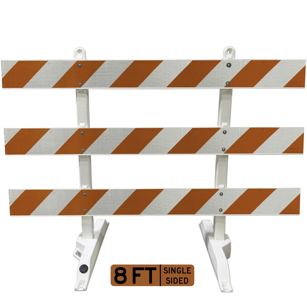 A pristine product photograph illustrating a fully upright 8-foot single-sided Type III barricade veneered with full cube ultra prismatic reflective sheeting on three expansive horizontal rails. Right-cascading orange and white retroreflective diagonal stripes blanket one face of every panel, stabilized by white plastic collapsible A-frame supports, specifically configured to escort oncoming vehicles rightward during temporary roadway obstructions and sustained construction zone traffic coordination activities.