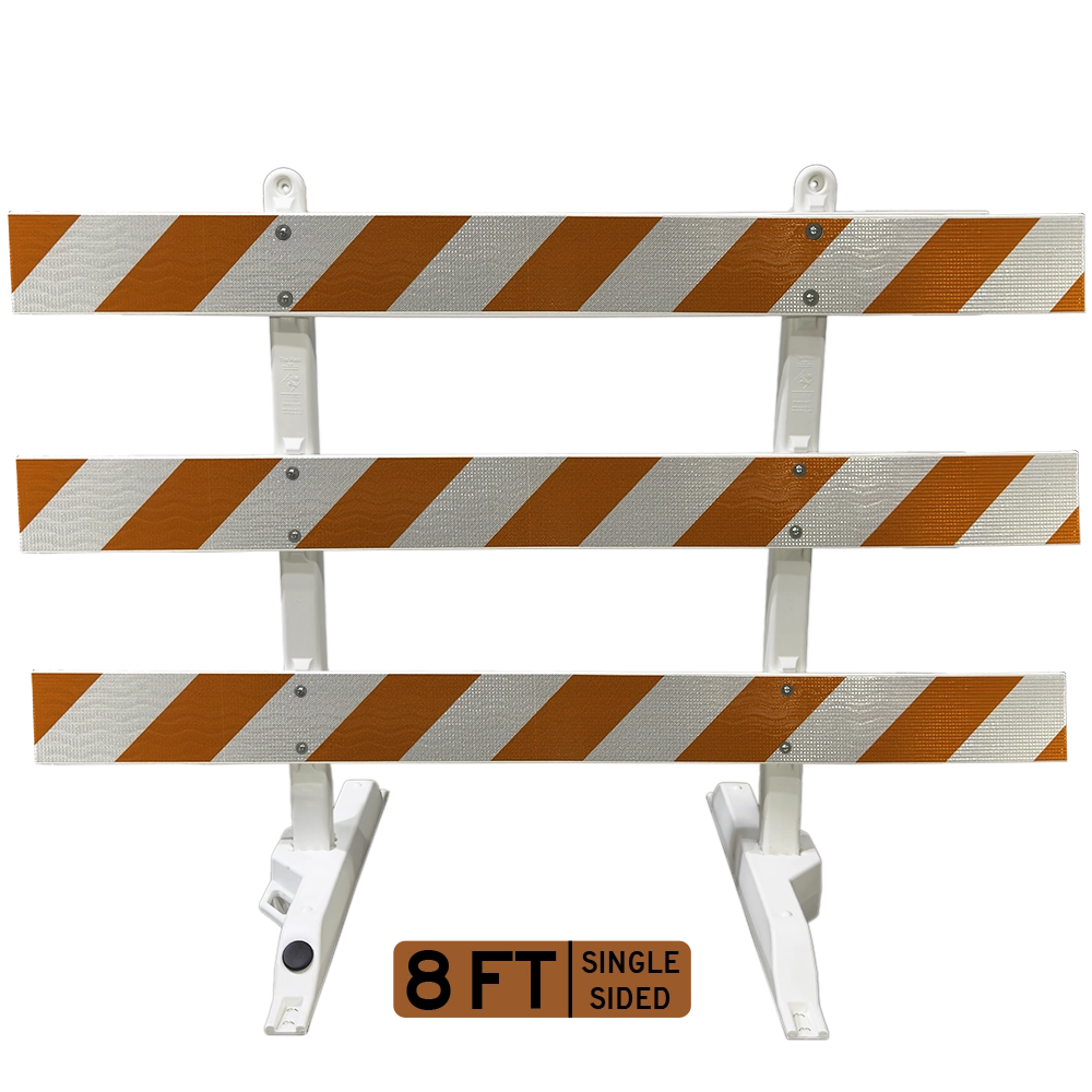 8-foot single-sided Type III barricade fitted with right-descending high intensity prismatic (HIP) retroreflective striping across three extended horizontal rails, engineered to guide oncoming traffic toward the right.