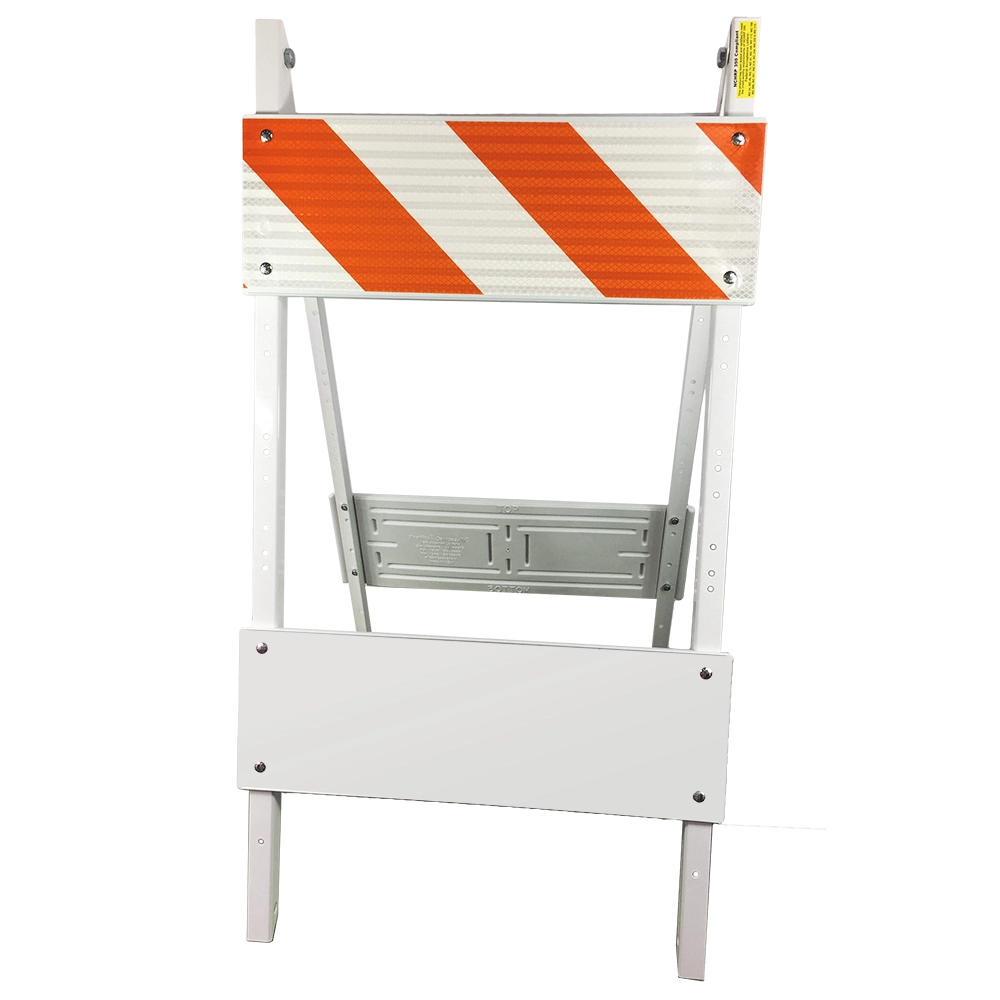 The Type I barricade is an A-frame shaped device with a single horizontal top rail featuring alternating orange and white diagonal reflective striping that slopes downward toward the side of traffic flow, and a lower blank white panel. The structure consists of white metal legs connected by a gray metal cross-brace, with no text or symbols displayed on the reflective panels. The barricade has no border, with the reflective sheeting extending to the edges of the top rail and the lower panel secured with visible corner bolts.