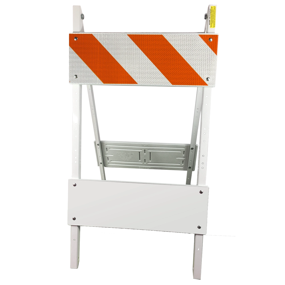 This Type I A-frame traffic barricade features a single reflective top rail with alternating orange and white diagonal stripes using Ultra Prismatic sheeting. The foldable steel frame includes a blank white lower panel and a gray metal support brace. Designed for short-term, low-speed temporary traffic control zones, the barricade is lightweight, portable, and MUTCD-compliant, delivering superior daytime and nighttime retroreflective visibility to guide road users safely through work zones.