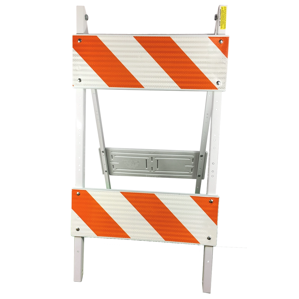 A product photograph of a Type II A-frame traffic barricade used in temporary traffic control for channelizing traffic in work zones. The barricade features two horizontal rails with orange-and-white diagonal reflective striping mounted on white folding metal legs with a gray cross-brace. Classified under MUTCD Part 6F, this portable device offers enhanced visibility over the single-rail Type I barricade and is suitable for use on both conventional roads and higher-speed roadways.