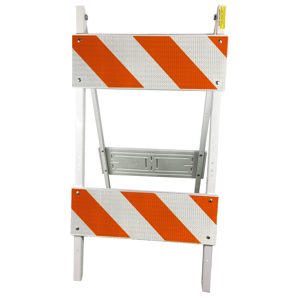 The Type II barricade presents a portable A-frame silhouette carrying two horizontally mounted rectangular panels — each covered with alternating orange and white diagonal stripes pitched at 45 degrees toward the passing traffic side. The white steel uprights converge at the top and are joined by a gray stamped-metal stabilizer brace at the midpoint, while the Ultra Prismatic sheeting on both panels contains no printed text, symbols, or borders. A small yellow certification label is affixed near the top-right corner of the frame.